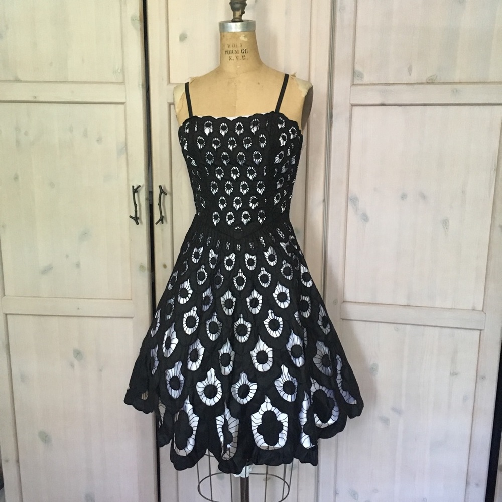 Black Lace Fit-and-Flare Dress with White Underlay
